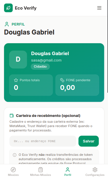 Tela de perfil do Eco Verify